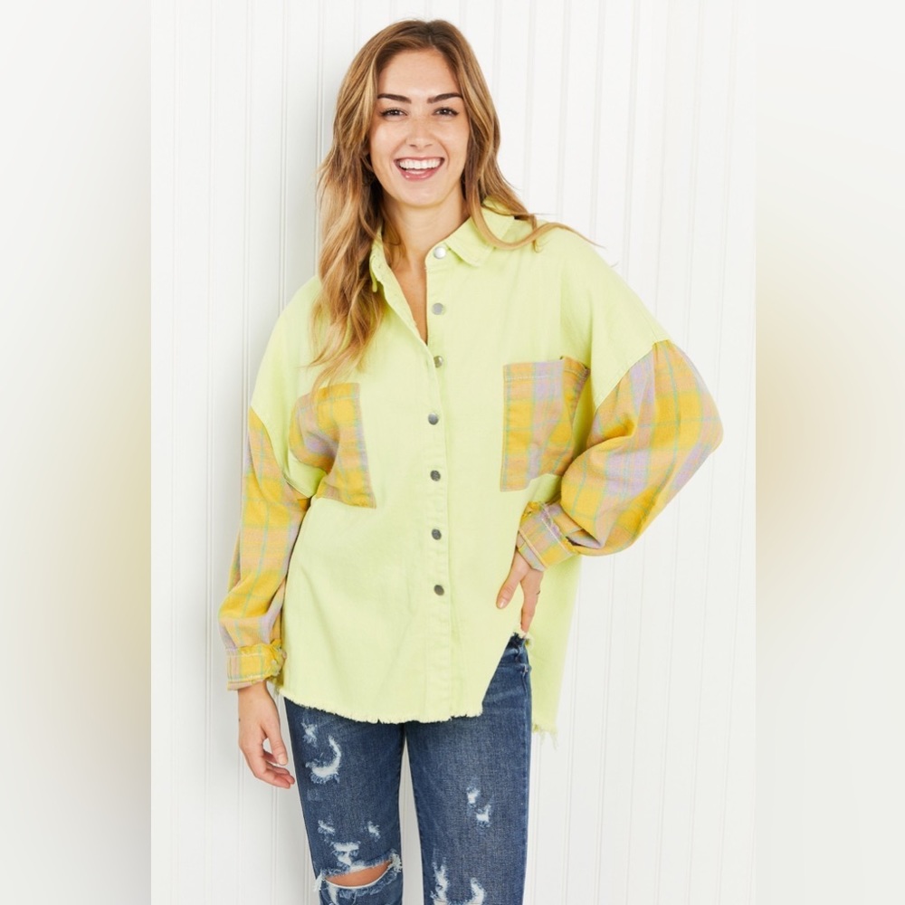 POL Bright Autumn Full Size Contrast Plaid Twill Shacket